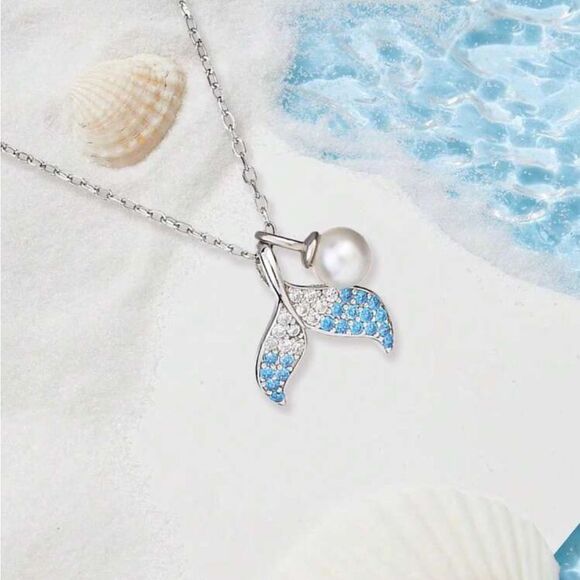 Silver Blue Rhinestone Mermaid Tail Pendant Necklace - Picture 1 of 2